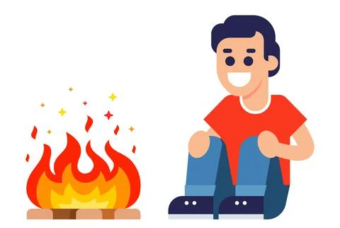 A man sits alone by the fire and warms himself. make a fire in nature. Stock Illustration