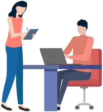 Man sits and works at computer. Woman stands and writes information in notebook Stock Illustration