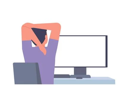 Man sits back at table computer and stretching, doing exercises. Male practicing Illustrazione stock
