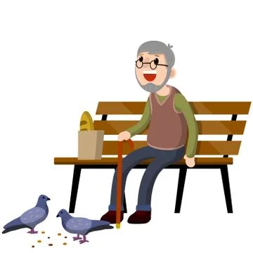 Man sits on bench and feeds pigeons. Element of Park and city Illustrazione stock