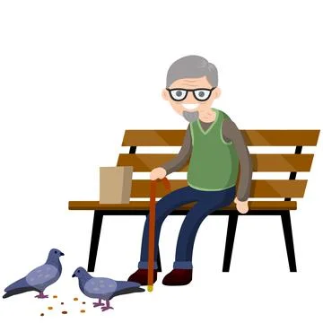 Man sits on bench and feeds pigeons. Element of Park and city. Illustrazione stock