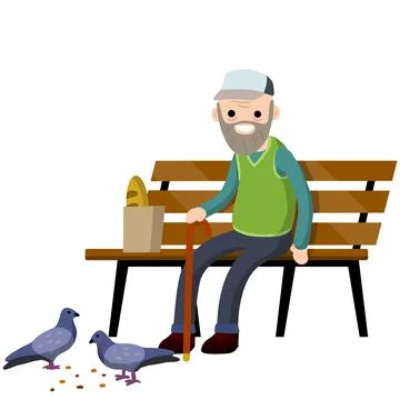 Man sits on bench and feeds pigeons. Element of Park and city. Illustrazione stock