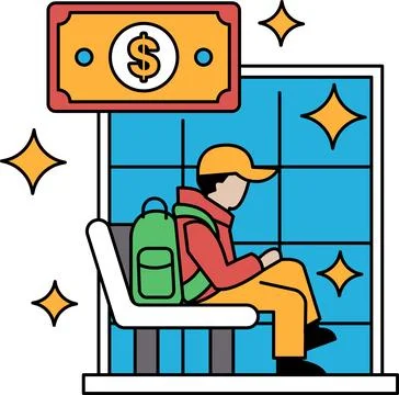 A man sits on a bench with a backpack and a dollar bill in front of him Stock Illustration