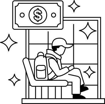 A man sits on a bench with a backpack and a dollar bill in front of him Stock Illustration