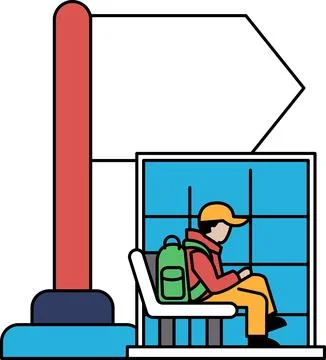 A man sits on a bench in front of a bus stop Stock Illustration