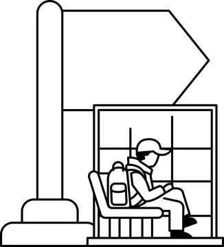A man sits on a bench in front of a bus stop Stock Illustration