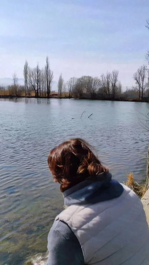 A man sits on a bench on the shore of a lake Stock Footage 288351890