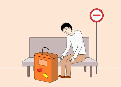Man sits on a bench with a suitcase next to him Stock Illustration