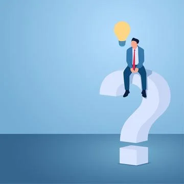 A man sits on a big question mark and gets an idea lamp, illustration for i.. Stock Illustration