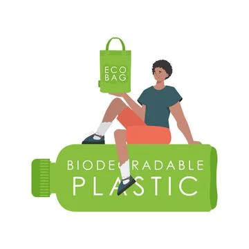 A man sits on a bottle made of biodegradable plastic and holds an ECO BAG i.. Stock Illustration