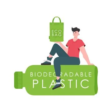 A man sits on a bottle made of biodegradable plastic and holds an ECO BAG i.. Stock Illustration