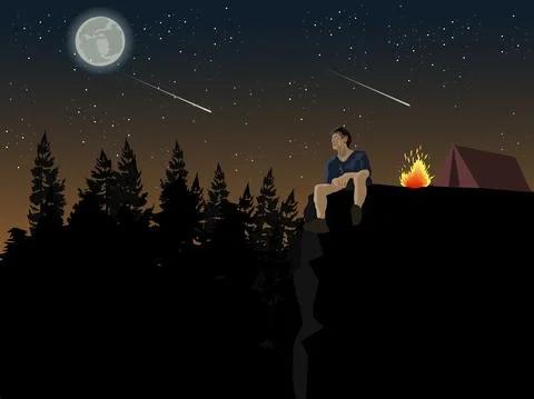A man sits on a cliff looking at the moon. He camps in a pine forest Stock Illustration