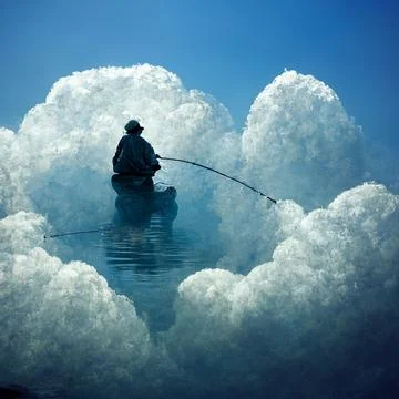 A man sits on a cloud and catches fish. A concept on the theme of inner peace Stock Illustration