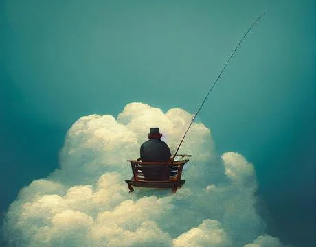A man sits on a cloud and catches fish. A concept on the theme of inner peace Stock Illustration