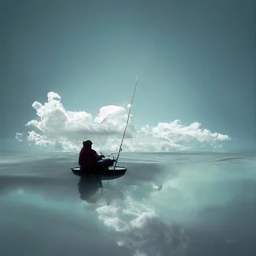 A man sits on a cloud and catches fish. A concept on the theme of inner peace Stock Illustration