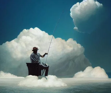 A man sits on a cloud and catches fish. A concept on the theme of inner peace Stock Illustration