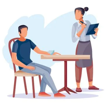 A man sits at a coffee table and a waiter girl stands next to her, she writes Stock Illustration