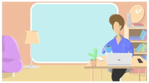 A man sits at a computer and drinks coffee or tea. Illustration flat design. Stock Illustration
