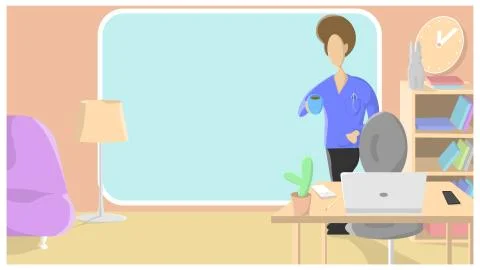 A man sits at a computer and drinks coffee or tea. Illustration flat design. Stock Illustration