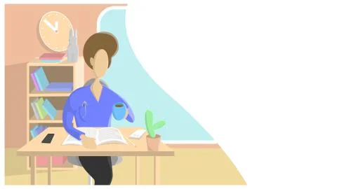 A man sits at a computer and drinks coffee or tea. Illustration flat design. Stock Illustration