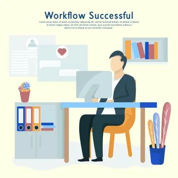 Man sits at a computer and programming, and working on business projects. Stock Illustration