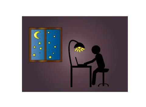 Man sits at computer in dark and window with moon and stars Stockillustratie