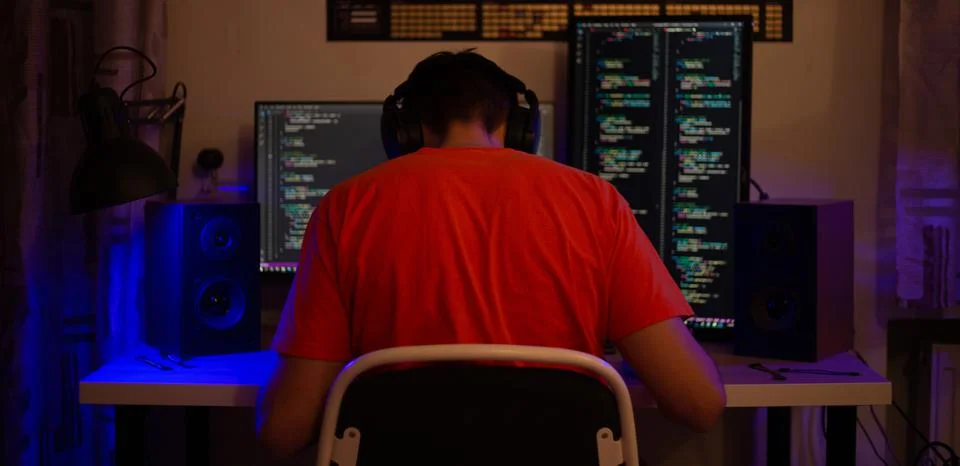 A man sits at a computer in a room at a table at night with blue lighting and Stock-Fotos