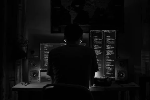 A man sits at a computer in a room at a table at night with blue lighting and Stock-Fotos