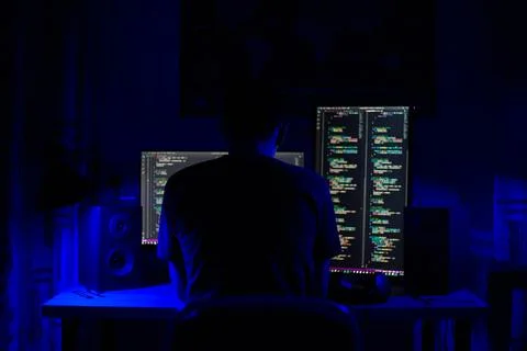 A man sits at a computer in a room at a table at night with blue lighting and Foto stock