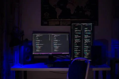 A man sits at a computer in a room at a table at night with blue lighting and Stock-Fotos