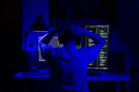 A man sits at a computer in a room at a table at night with blue lighting and 库存照片