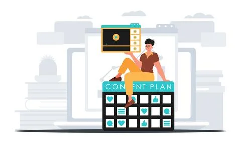 The man sits on the content plan and holds a window with a video recording .  Stock Illustration