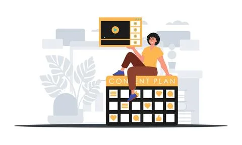 The man sits on the content plan and holds a window with a video recording re Stock Illustration