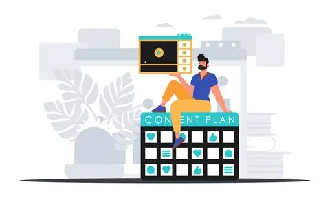 The man sits on the content plan and holds a windowpane with a video record t Illustrazione stock