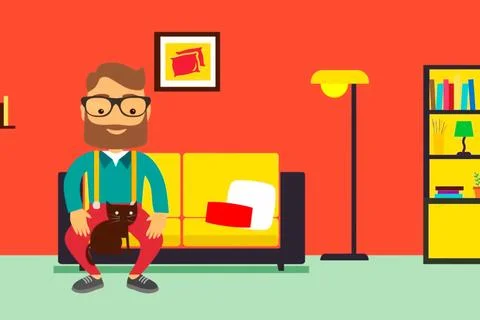 A man sits on the couch with cat in his apartment Stock Illustration