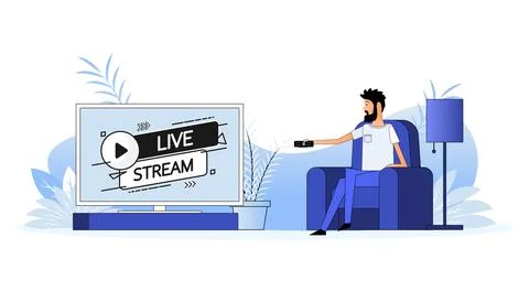 Man sits on the couch, they switch the channel on the TV - Live stream Stock Illustration