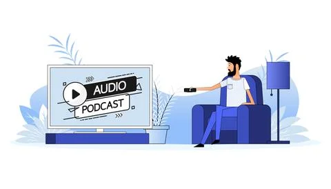 Man sits on the couch, they switch the channel on the TV - Audio podcast Stock Illustration