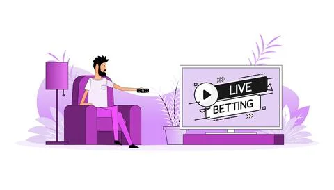 Man sits on the couch, they switch the channel on the TV - Live betting Stockillustratie
