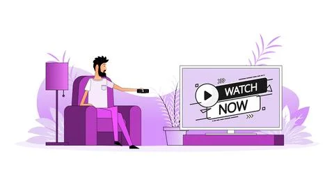 Man sits on the couch, they switch the channel on the TV - Watch now Stock Illustration