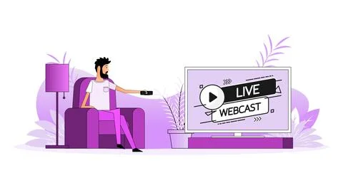 Man sits on the couch, they switch the channel on the TV - Live webcast Stock Illustration