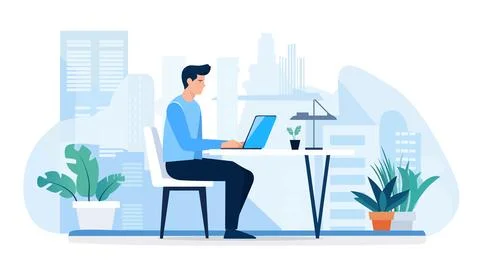A man sits at a desk with a computer and a picture of a man working on it flat v Stock Illustration