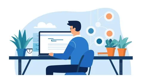 A man sits at a desk with a computer and a picture of a man working on it flat v Stock Illustration
