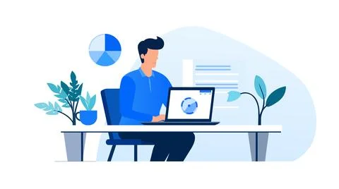 A man sits at a desk with a computer and a picture of a man working on it flat v Stock Illustration