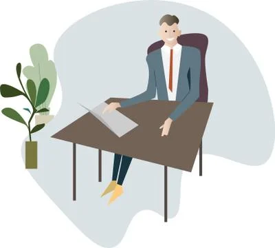 A man sits at a desk with laptops, office furniture, office plan Stock Illustration