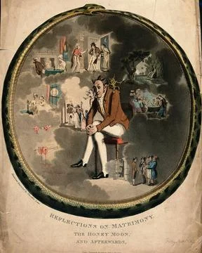 A man sits with a devil on one shoulder, and a cherub on the other, contemp.. Stock Illustration
