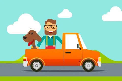 Man sits with a dog in the back of a pickup truck. Picnic ride. Stock Illustration