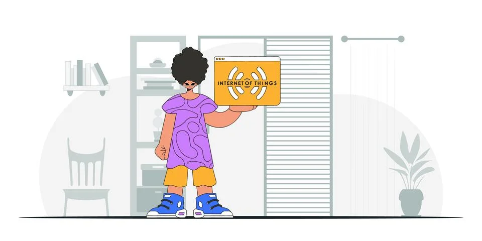 A man sits on the floor while gripping the IoT logo, in a modernized vector s Stock Illustration