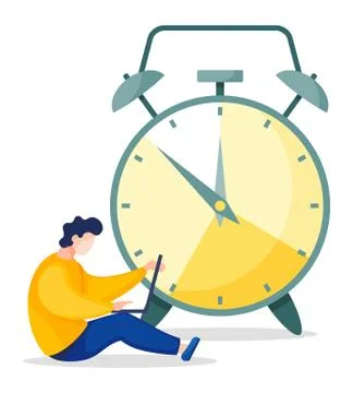 Man Sits in Front of Clock and Hold Laptop on Knee Stock Illustration