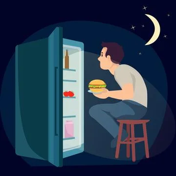 A man sits in front of an open refrigerator at night and eats a burger Stock Illustration
