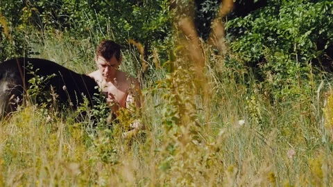 A man sits on the grass with German shepherd in the meadow and looking at the Stock Footage 111658633